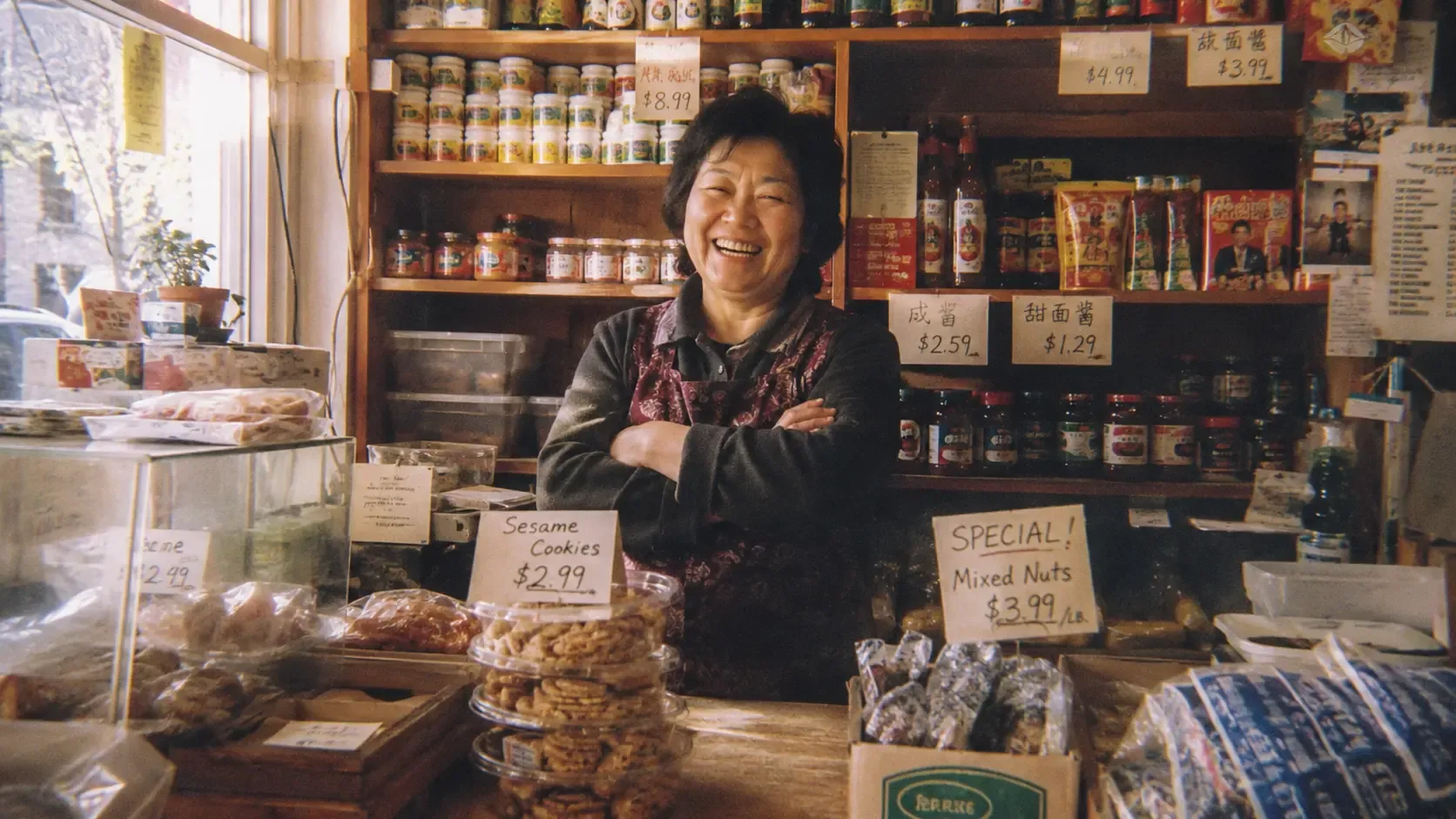 A proud small business owner laughing behind the counter of her shop