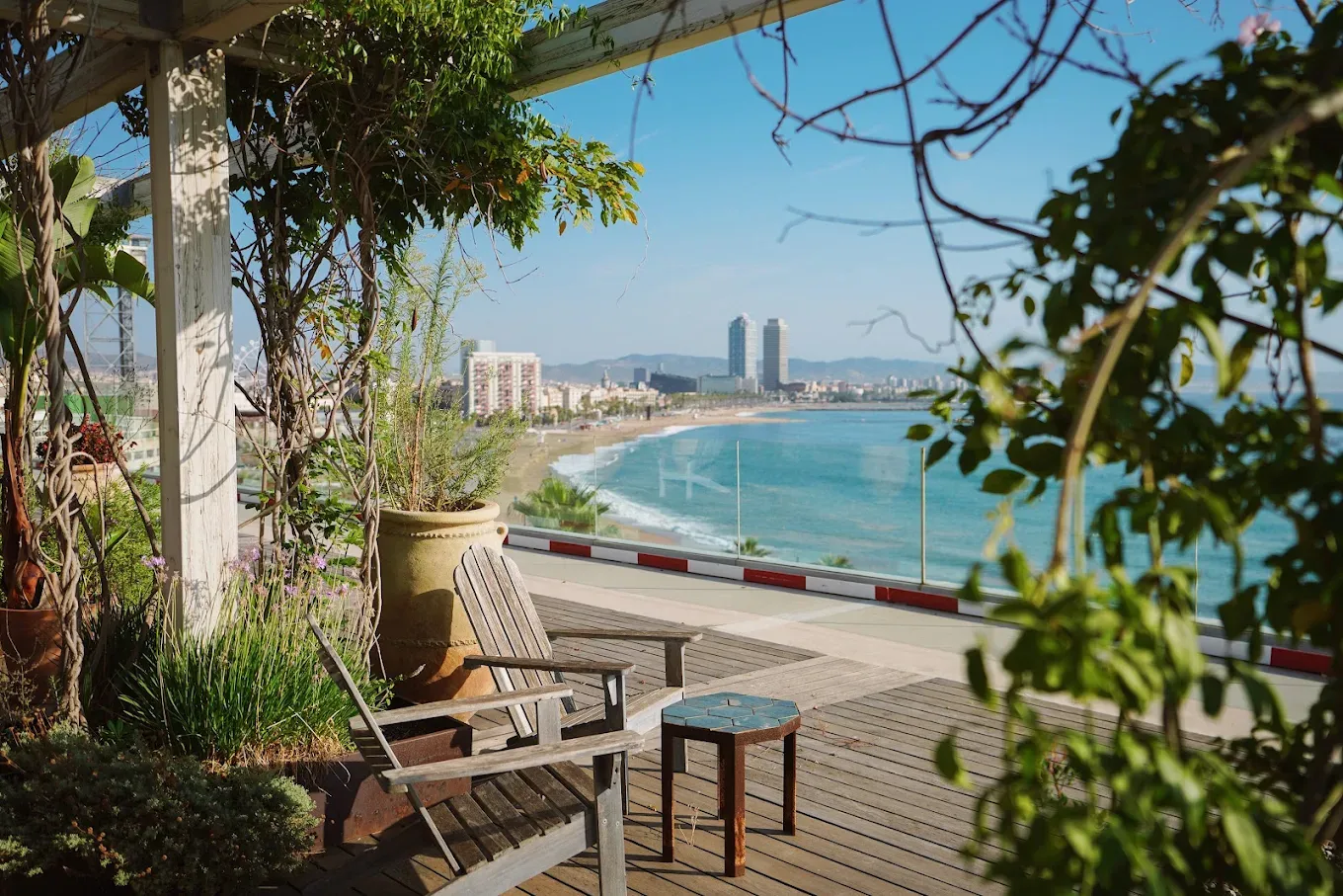 The rooftop at Norrsken House Barcelona, overlooking the beach